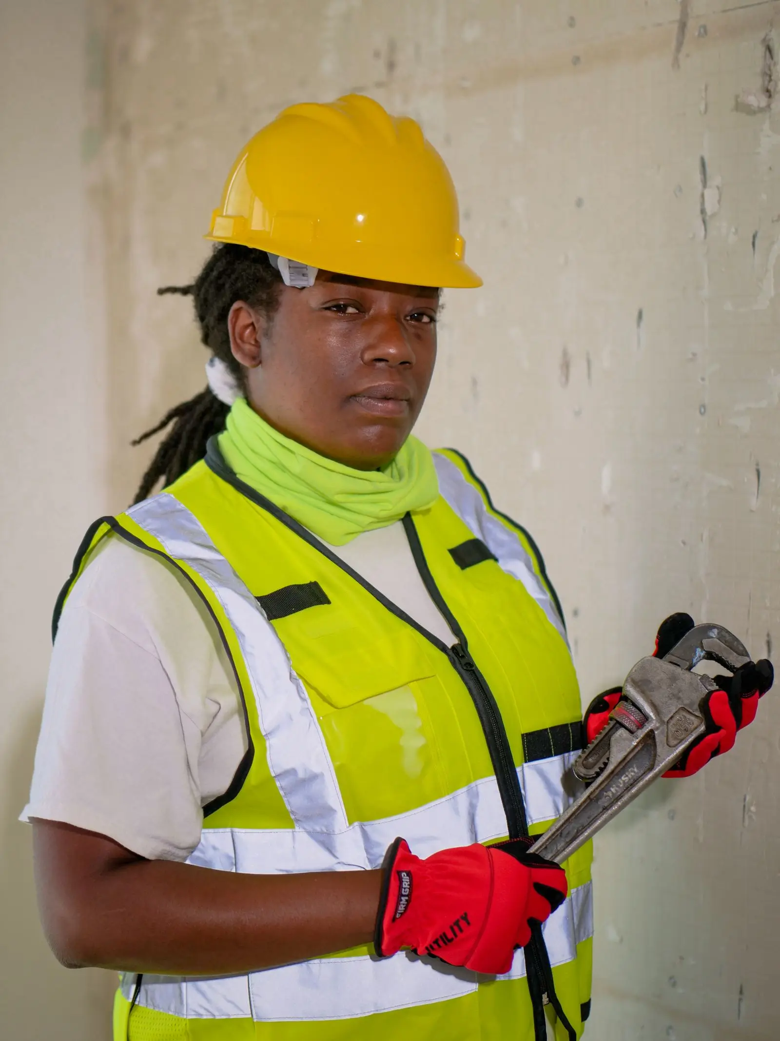 Tradesperson in safety gear holding a pipe wrench
